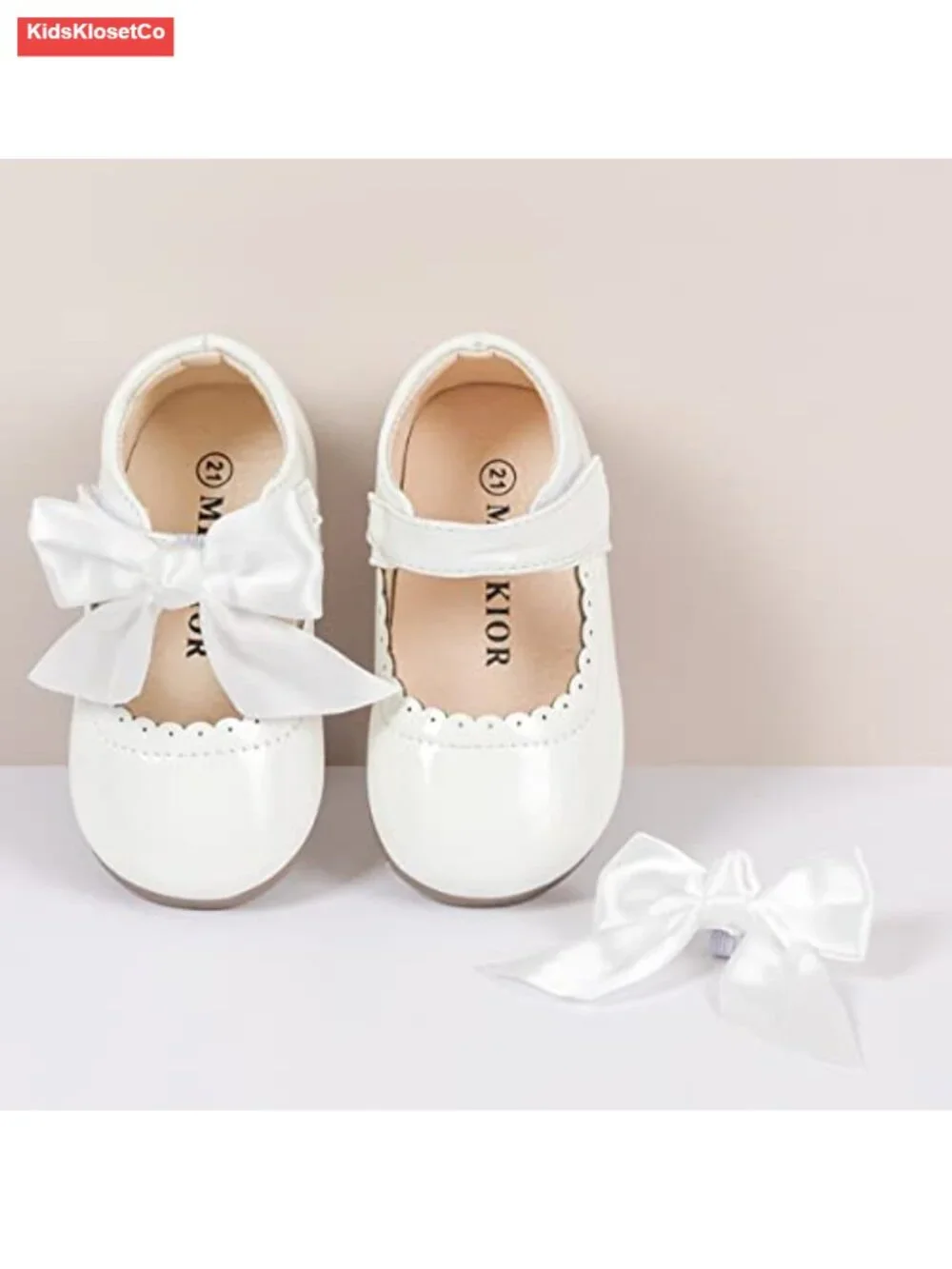 Faux Leather Mary Jane Flats with Bow, Adjustable Hook & Loop, Non-Slip Sole